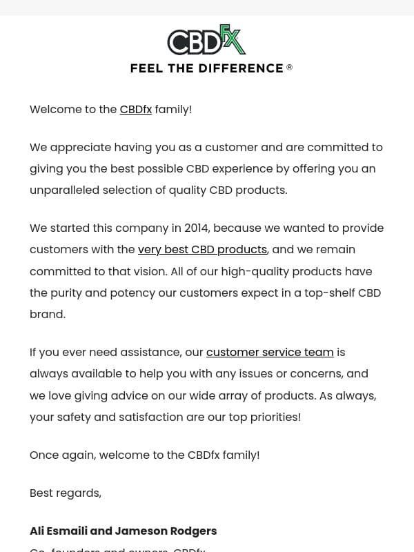 Thank you for joining the CBDfx family! email from CBDfx