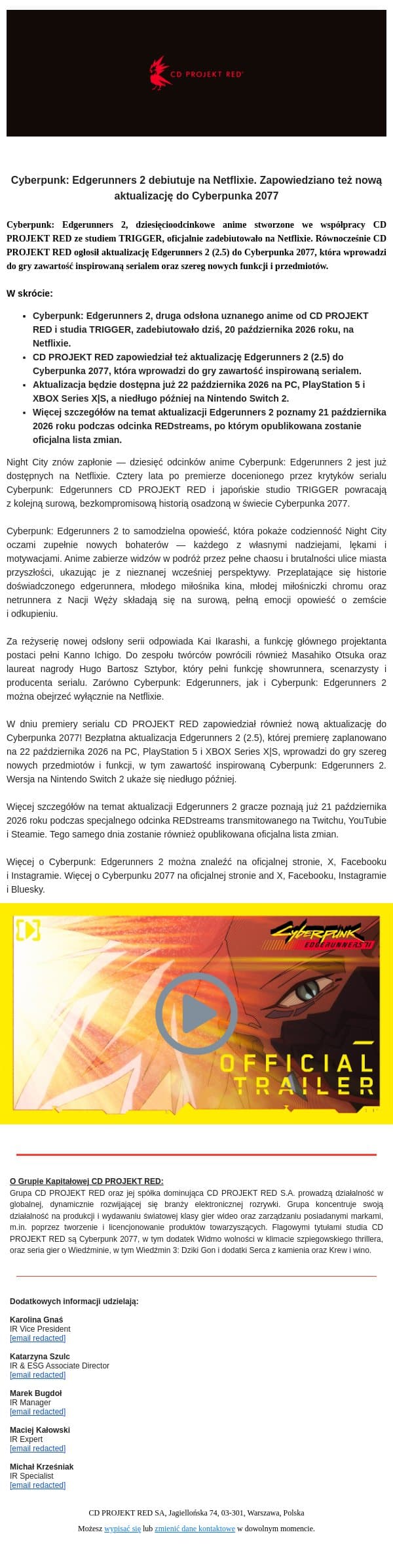 Cyberpunk: Edgerunners 2 debiutuje na Netflixie. Zapowiedziano też nową aktualizację do Cyberpunka 2077 email from CD Projekt screenshot