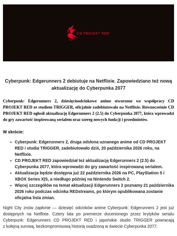 Cyberpunk: Edgerunners 2 debiutuje na Netflixie. Zapowiedziano też nową aktualizację do Cyberpunka 2077 email from CD Projekt