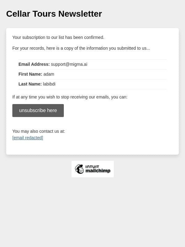 Cellar Tours Newsletter: Subscription Confirmed email from Cellar Tours