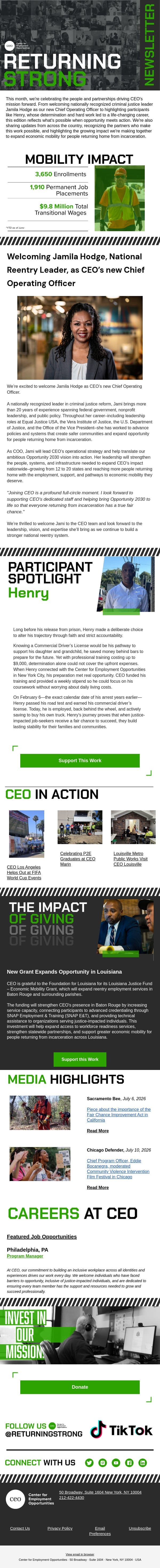 Returning Strong: New Leadership, Lasting Impact email from Center for Employment Opportunities (CEO) screenshot