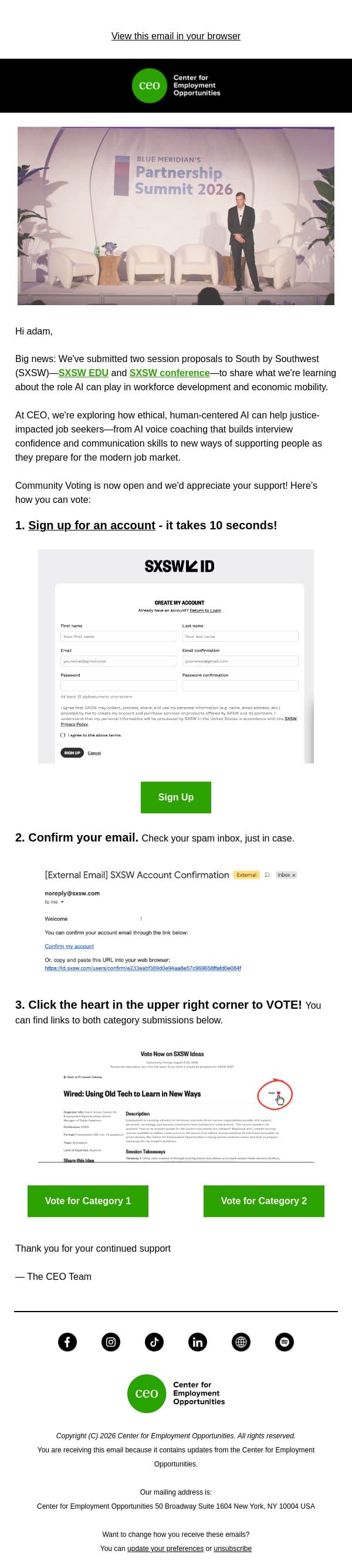 VOTE for CEO's SXSW Proposals email from Center for Employment Opportunities (CEO) screenshot
