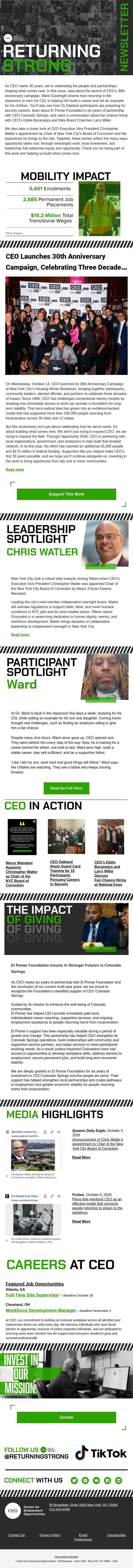 Returning Strong: 30 Years of Opportunity: Building What's Next email from Center for Employment Opportunities (CEO) screenshot