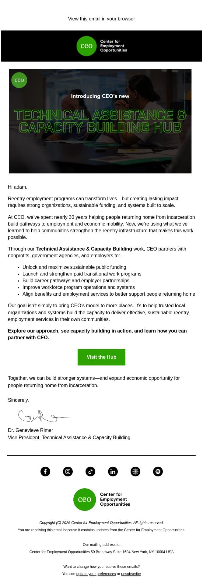 Introducing CEO’s Technical Assistance & Capacity Building Hub email from Center for Employment Opportunities (CEO) screenshot