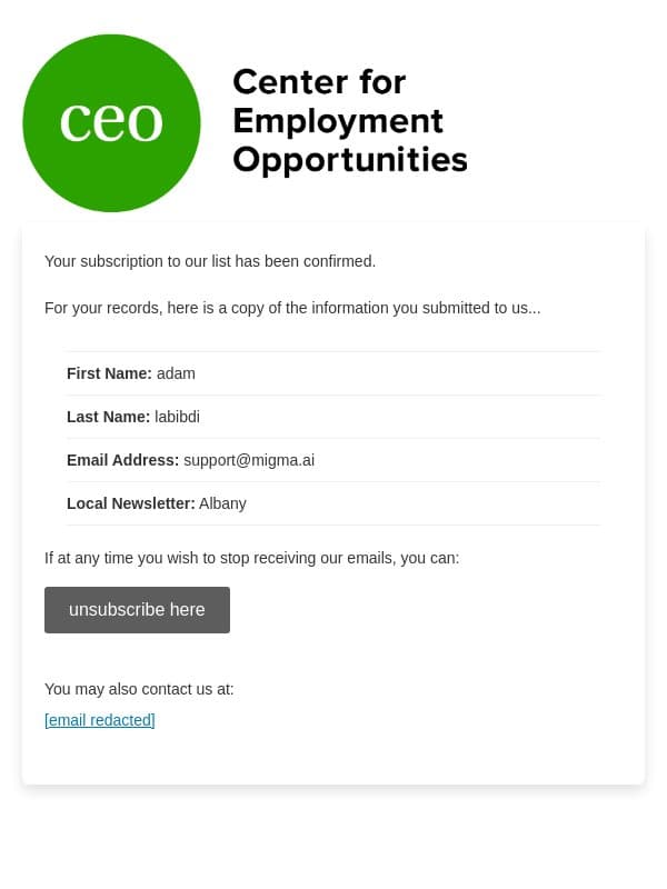CEO Newsletter: Subscription Confirmed email from Center for Employment Opportunities (CEO) screenshot