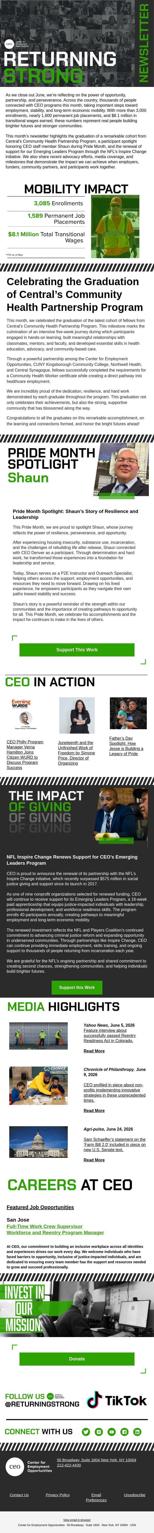 Returning Strong: Celebrating Progress and Partnership in June email from Center for Employment Opportunities (CEO) screenshot