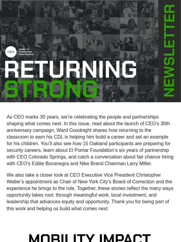 Returning Strong: 30 Years of Opportunity: Building What's Next email from Center for Employment Opportunities (CEO)