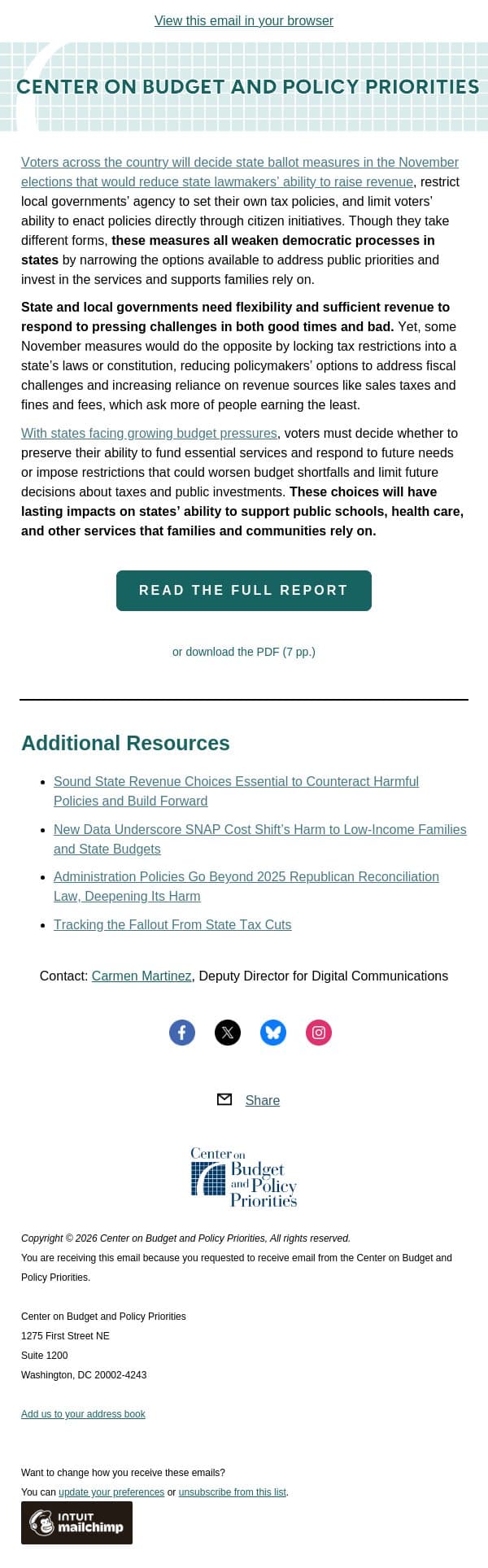 Ballot Measures Restricting State Revenues and Citizen Initiatives Would Impede Needed Investments and Supports email from Center on Budget and Policy Priorities (CBPP) screenshot