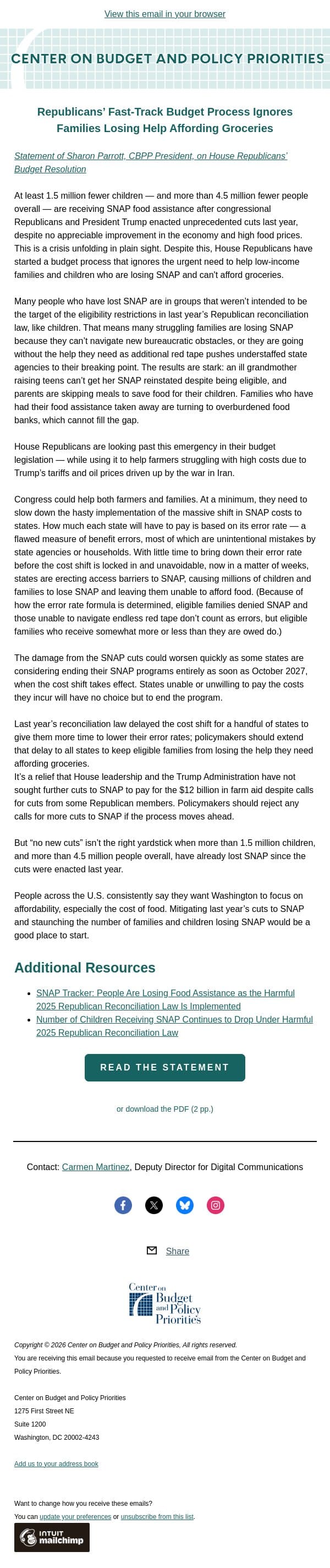 Republicans’ Fast-Track Budget Process Ignores Families Losing Help Affording Groceries email from Center on Budget and Policy Priorities (CBPP) screenshot