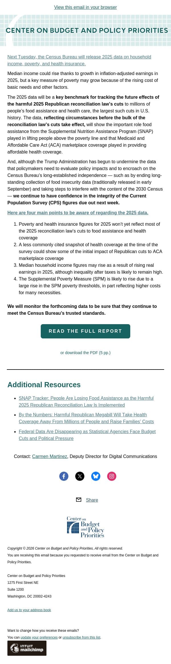 What to Watch for in Next Week’s Release of Census Data on Income, Poverty, and Health Insurance in 2025 email from Center on Budget and Policy Priorities (CBPP) screenshot