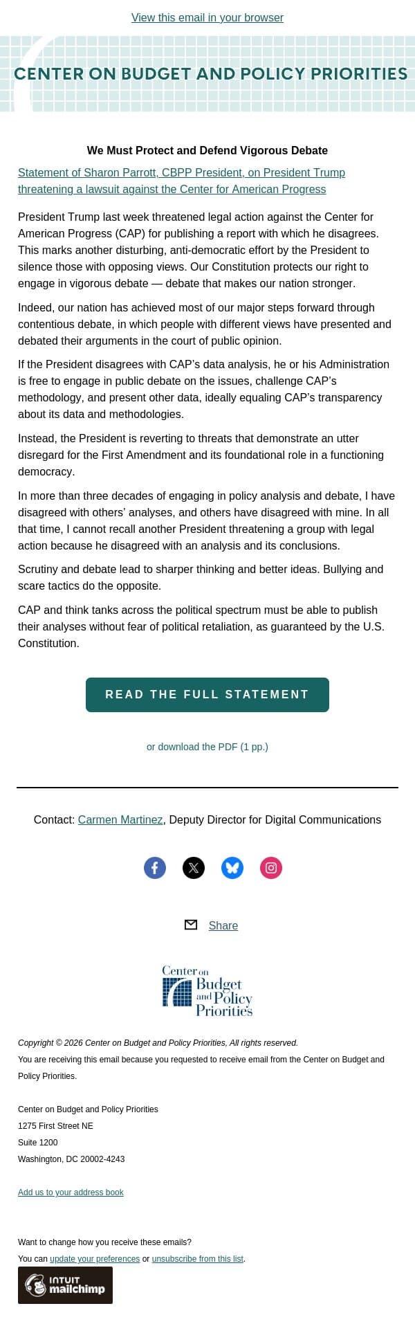 Parrott: We Must Protect and Defend Vigorous Debate email from Center on Budget and Policy Priorities (CBPP) screenshot