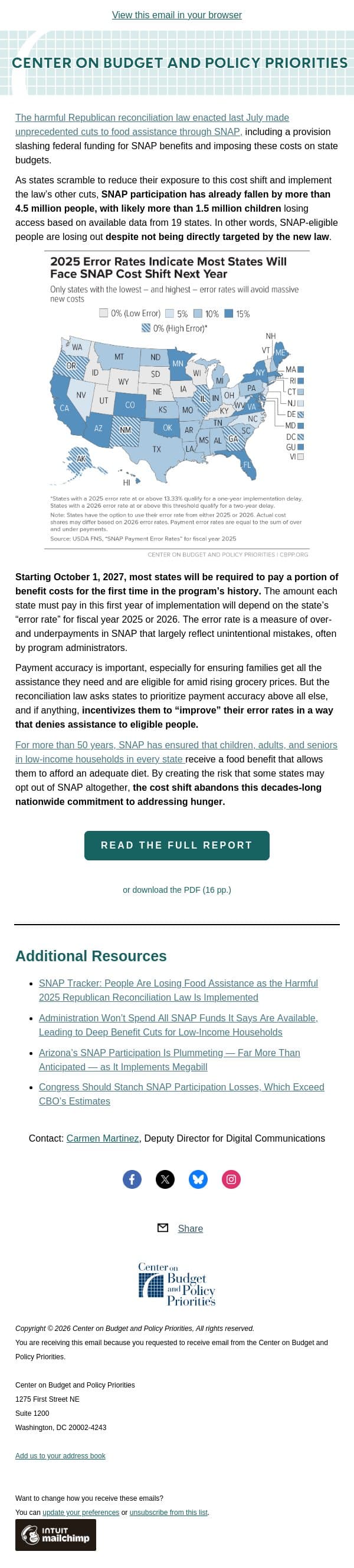 New Data Underscore SNAP Cost Shift’s Harm to Low-Income Families and State Budgets email from Center on Budget and Policy Priorities (CBPP) screenshot