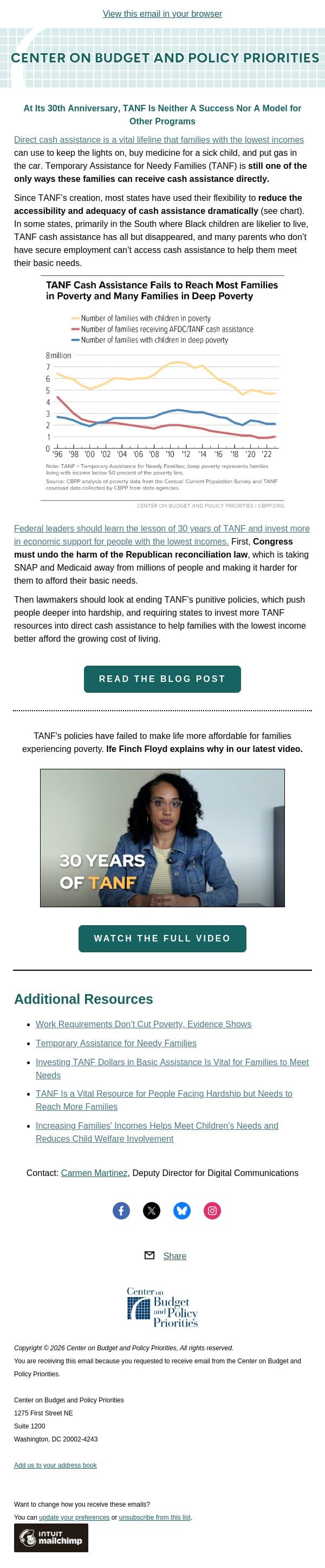 At Its 30th Anniversary, TANF Is Neither A Success Nor A Model for Other Programs email from Center on Budget and Policy Priorities (CBPP) screenshot