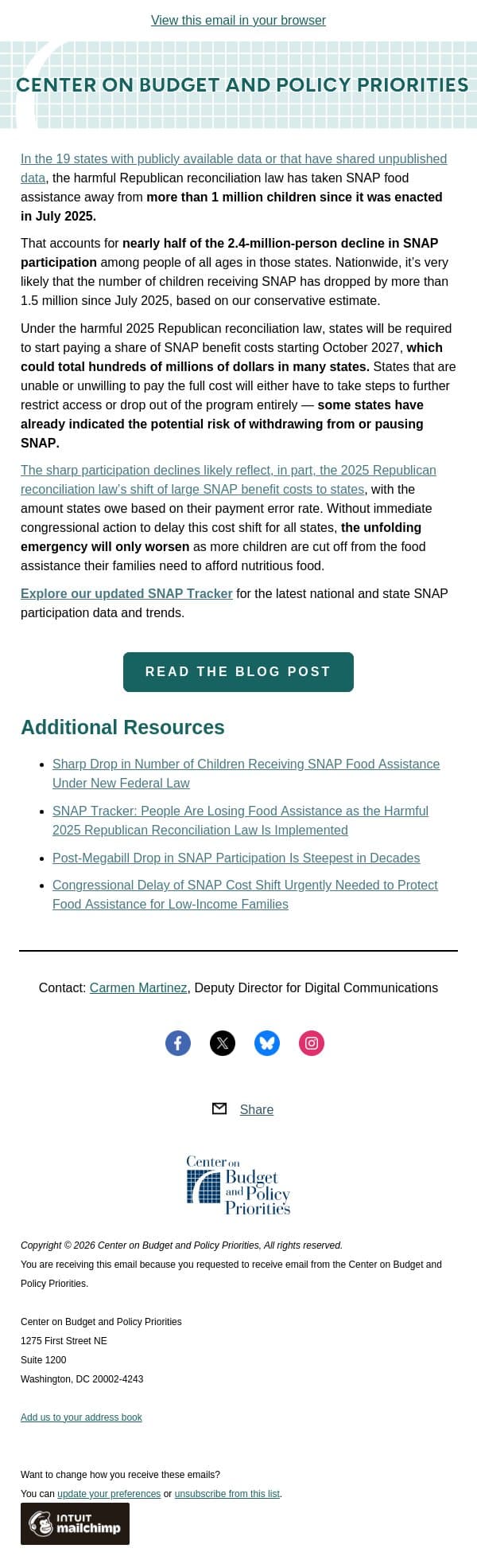 Number of Children Receiving SNAP Continues to Drop Under Harmful 2025 Republican Reconciliation Law email from Center on Budget and Policy Priorities (CBPP) screenshot