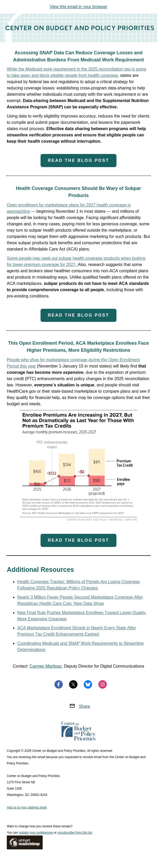 Reducing Medicaid Coverage Losses and Navigating Open Enrollment email from Center on Budget and Policy Priorities (CBPP) screenshot