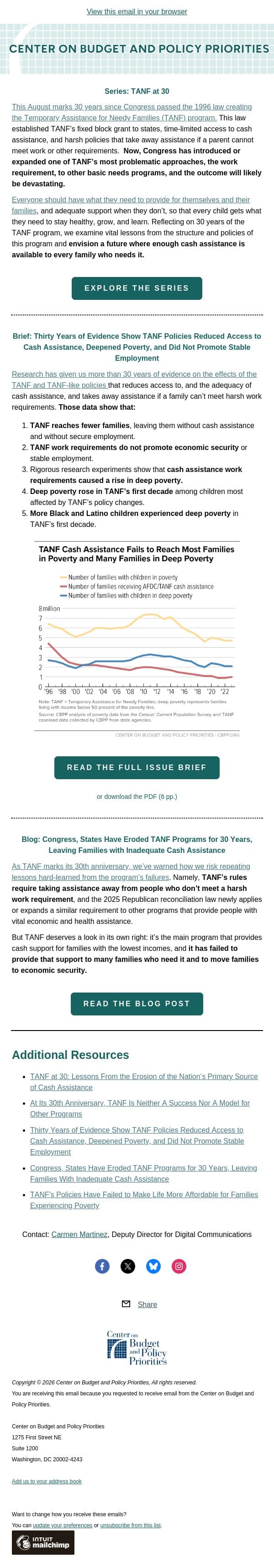 TANF at 30: Lessons From the Erosion of the Nation’s Primary Source of Cash Assistance email from Center on Budget and Policy Priorities (CBPP) screenshot