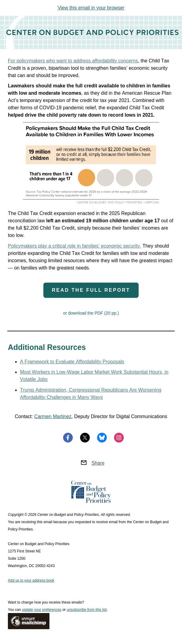 Policymakers Should Expand the Child Tax Credit to the 19 Million Children Who Receive Less Than the Full Credit Amount email from Center on Budget and Policy Priorities (CBPP) screenshot