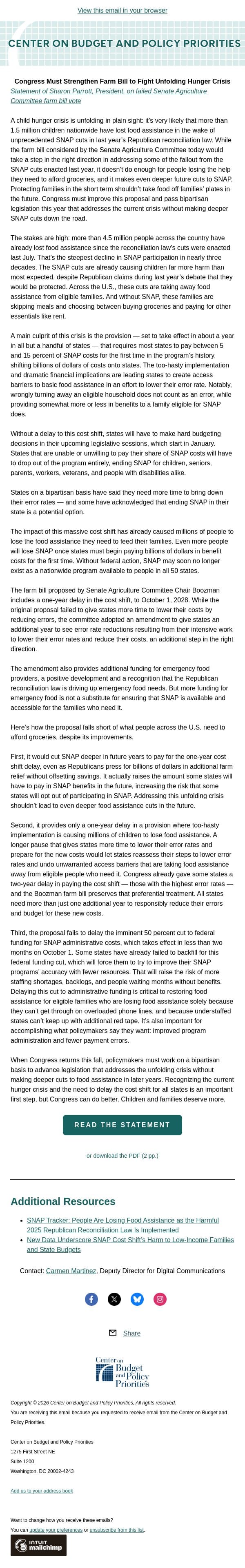 Parrott: Congress Must Strengthen Farm Bill to Fight Unfolding Hunger Crisis email from Center on Budget and Policy Priorities (CBPP) screenshot