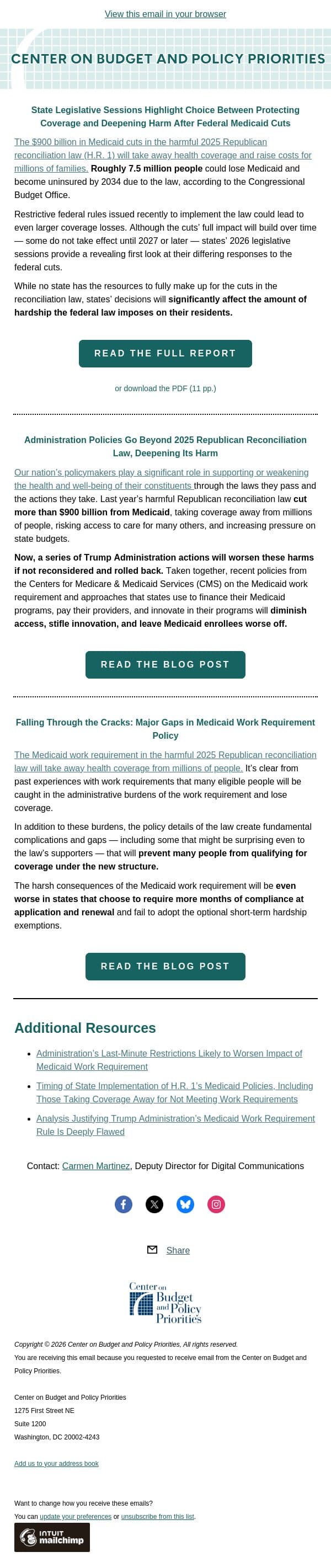 Medicaid Changes Continue to Deepen the Harm of the 2025 Republican Reconciliation Law email from Center on Budget and Policy Priorities (CBPP) screenshot