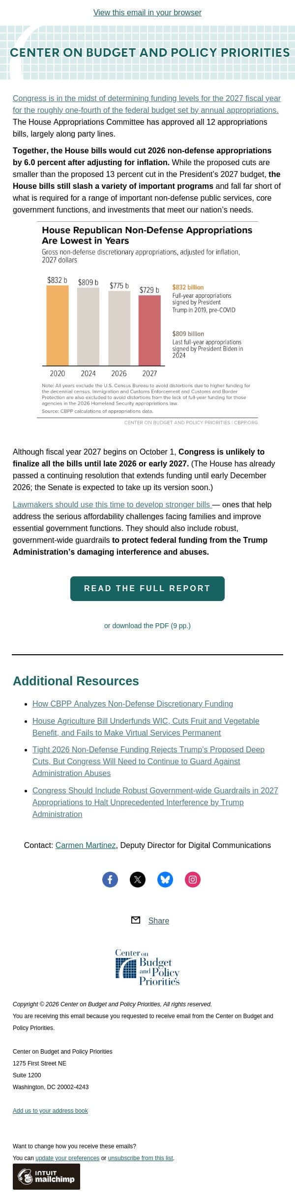House Republican 2027 Funding Bills Fall Far Short of What Is Needed to Help Families, Support Core Services email from Center on Budget and Policy Priorities (CBPP) screenshot