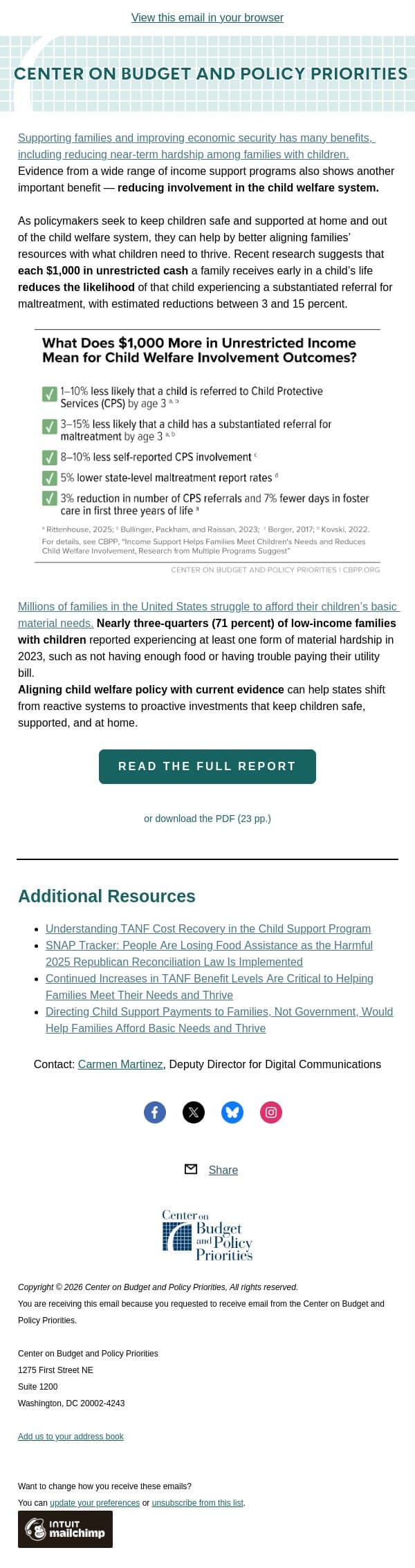 Income Support Helps Families Meet Children's Needs and Reduces Child Welfare Involvement, Research From Multiple Programs Suggest email from Center on Budget and Policy Priorities (CBPP) screenshot