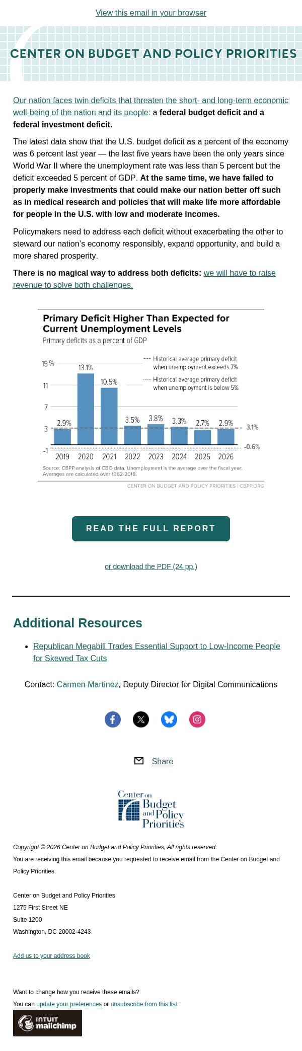 Federal Policymakers Should Raise Revenue to Address Fiscal and Investment Deficits to Responsibly Steward the Nation’s Economy email from Center on Budget and Policy Priorities (CBPP) screenshot