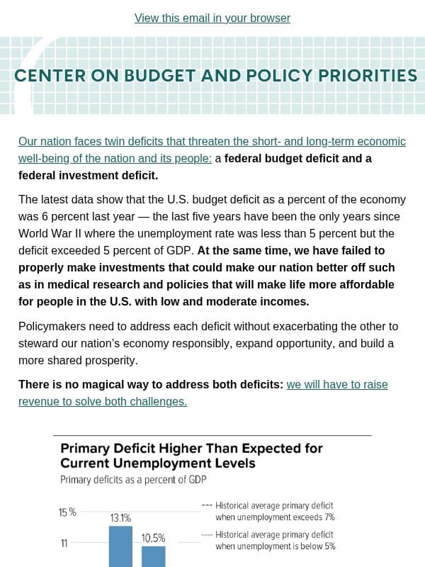 Federal Policymakers Should Raise Revenue to Address Fiscal and Investment Deficits to Responsibly Steward the Nation’s Economy email from Center on Budget and Policy Priorities (CBPP)