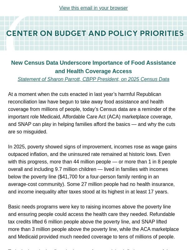 Parrott: New Census Data Underscore Importance of Food Assistance and Health Coverage Access email from Center on Budget and Policy Priorities (CBPP)