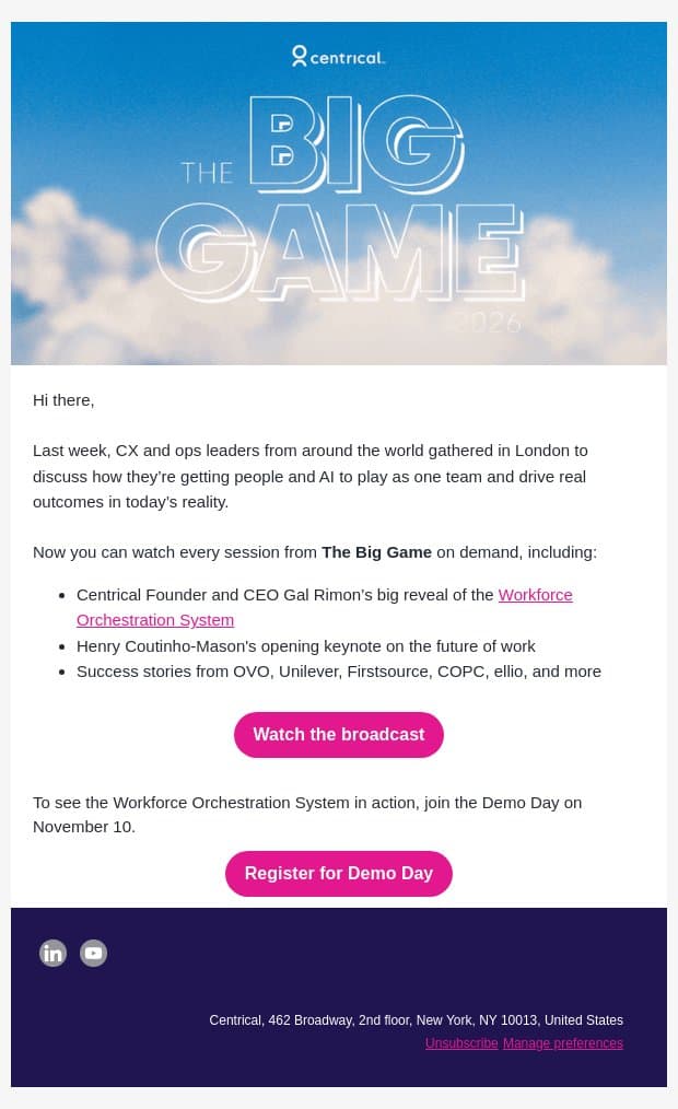 The Big Game 2026 is now on demand email from Centrical screenshot