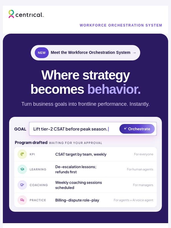 Introducing the Centrical Workforce Orchestration System email from Centrical