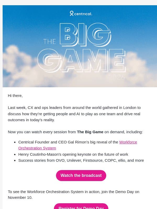 The Big Game 2026 is now on demand email from Centrical