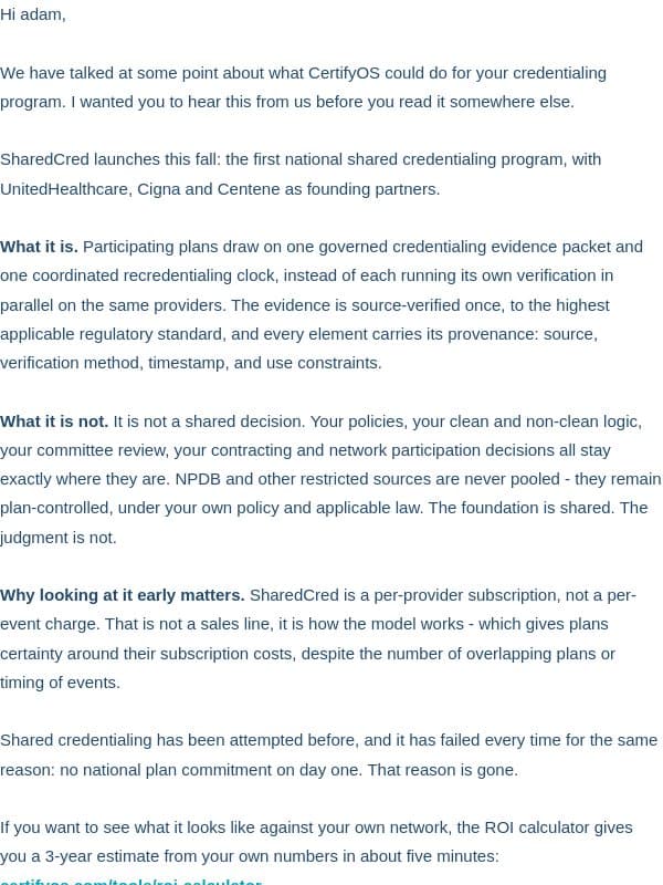 SharedCred is launching, and you should hear it from us first email from CertifyOS