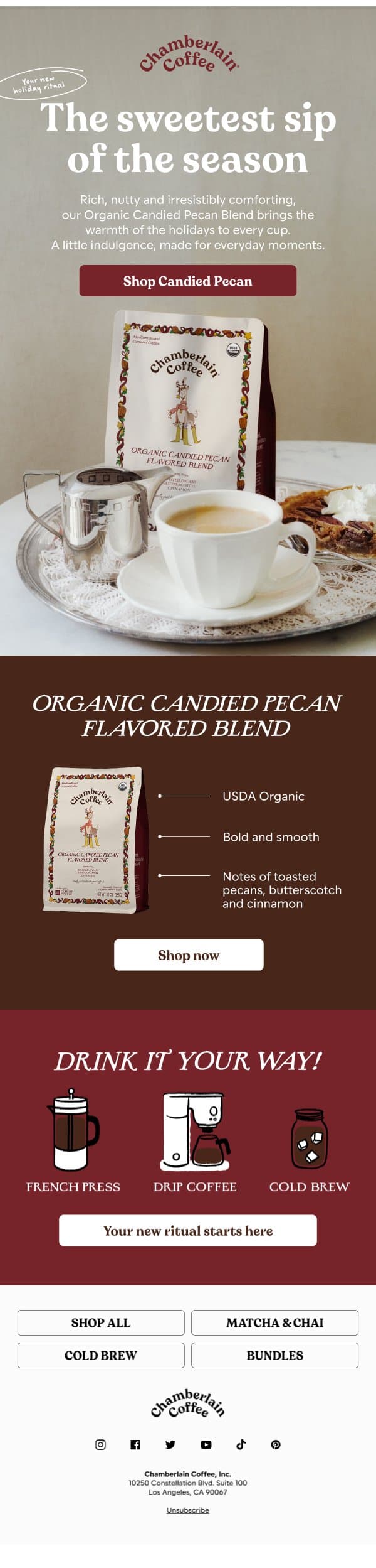 Home for the holidays email from Chamberlain Coffee screenshot