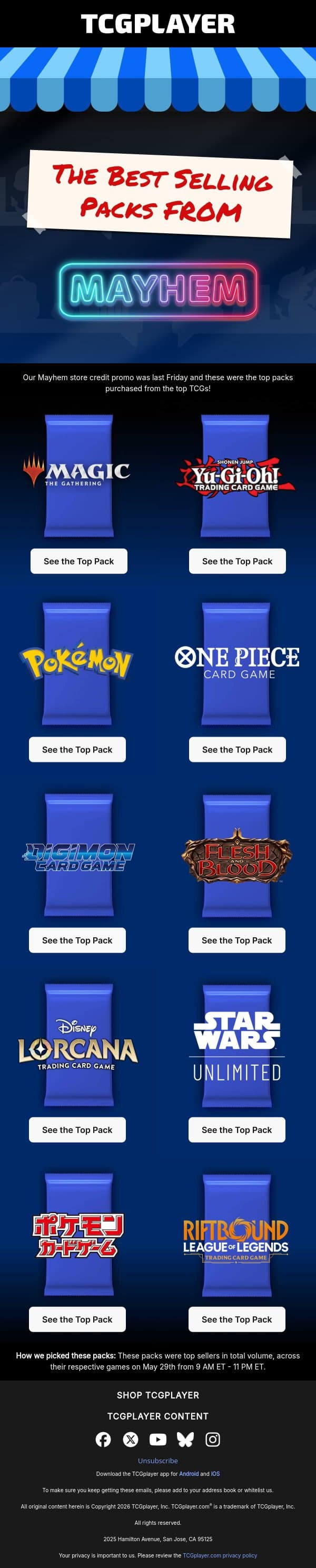 The Best Selling Packs from Mayhem email from ChannelFireball screenshot