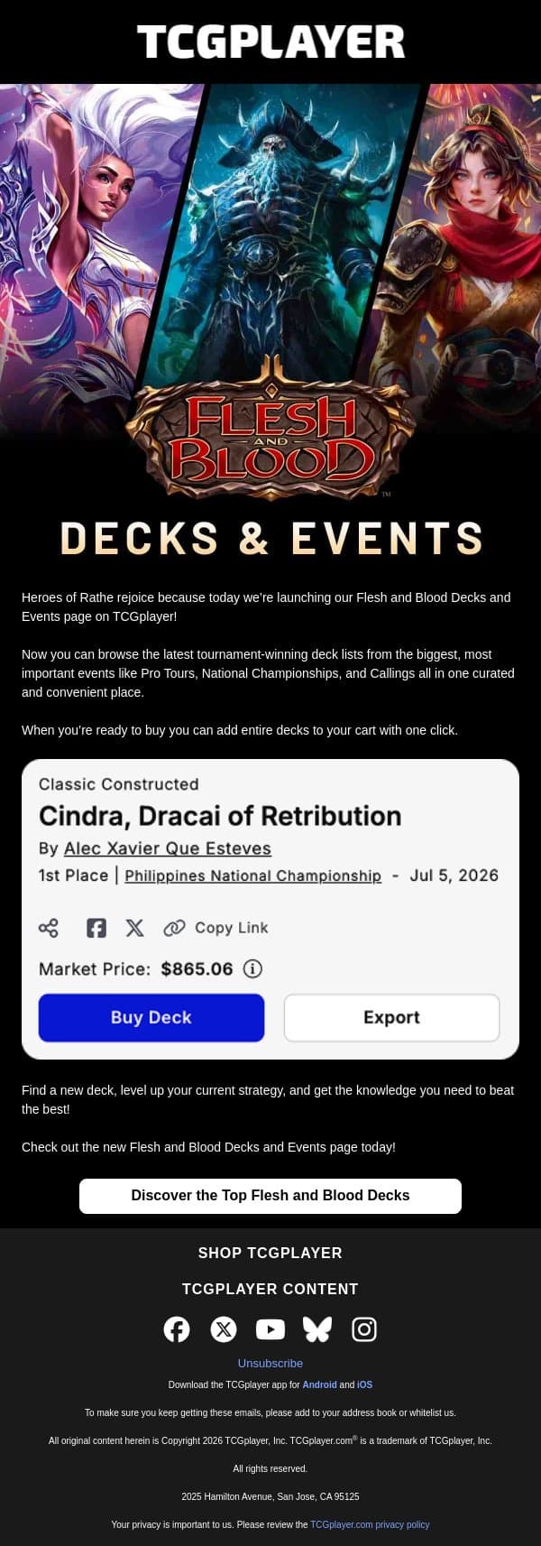 Introducing Flesh and Blood Decks & Events Page email from ChannelFireball screenshot