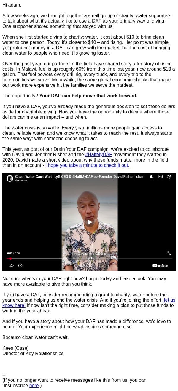 Your DAF can do more today than you might think email from Charity: Water screenshot
