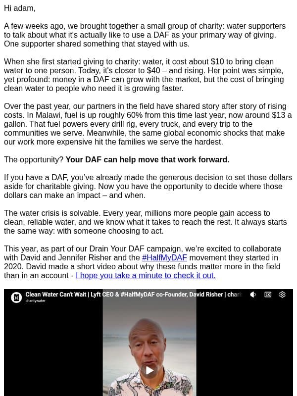 Your DAF can do more today than you might think email from Charity: Water