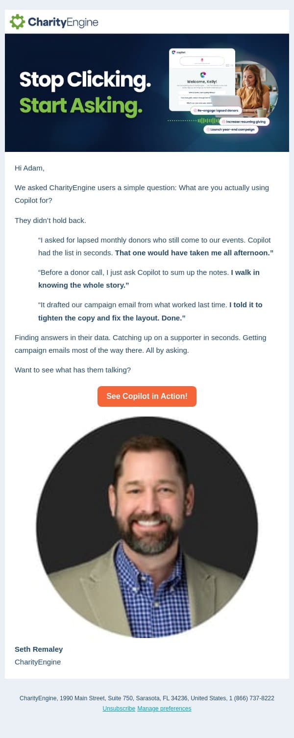 What would you ask your CRM? email from CharityEngine screenshot
