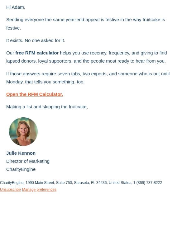 Make a list. Check it twice. Then segment it. email from CharityEngine screenshot