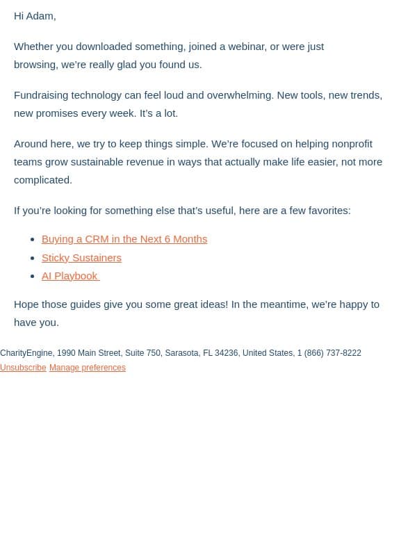 We’re so glad you’re here! email from CharityEngine screenshot
