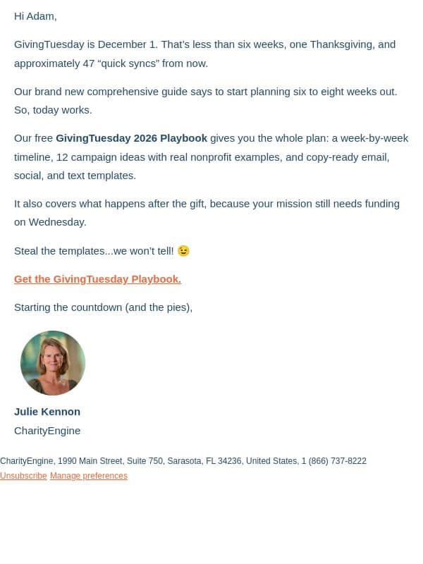 GivingTuesday is in six weeks. No pressure. email from CharityEngine screenshot