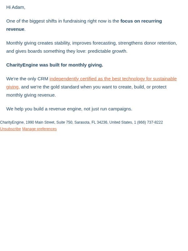 Why monthly giving matters now email from CharityEngine