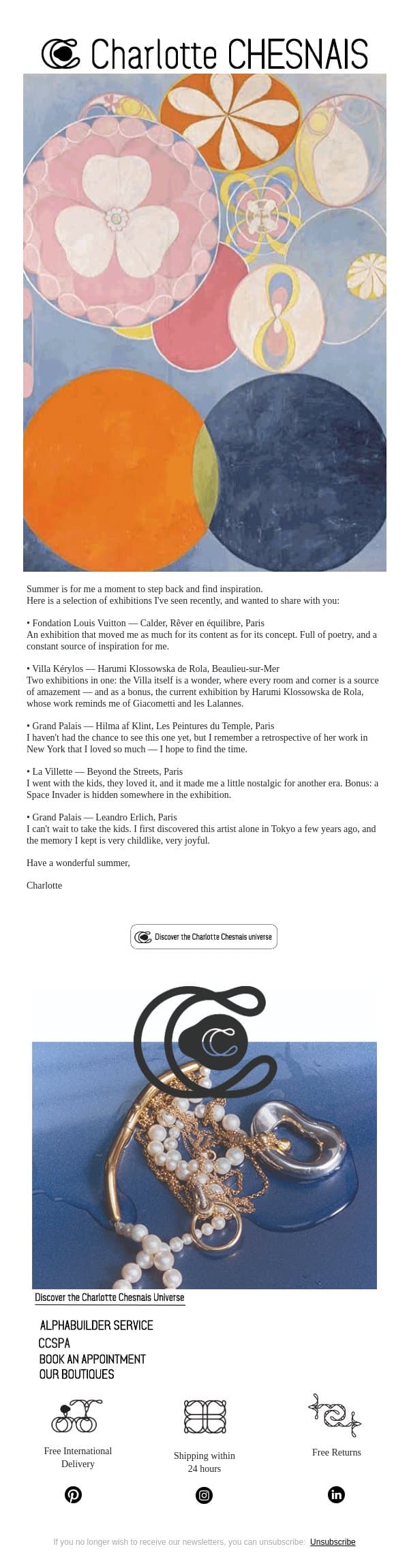 August Exhibition Picks email from Charlotte Chesnais screenshot