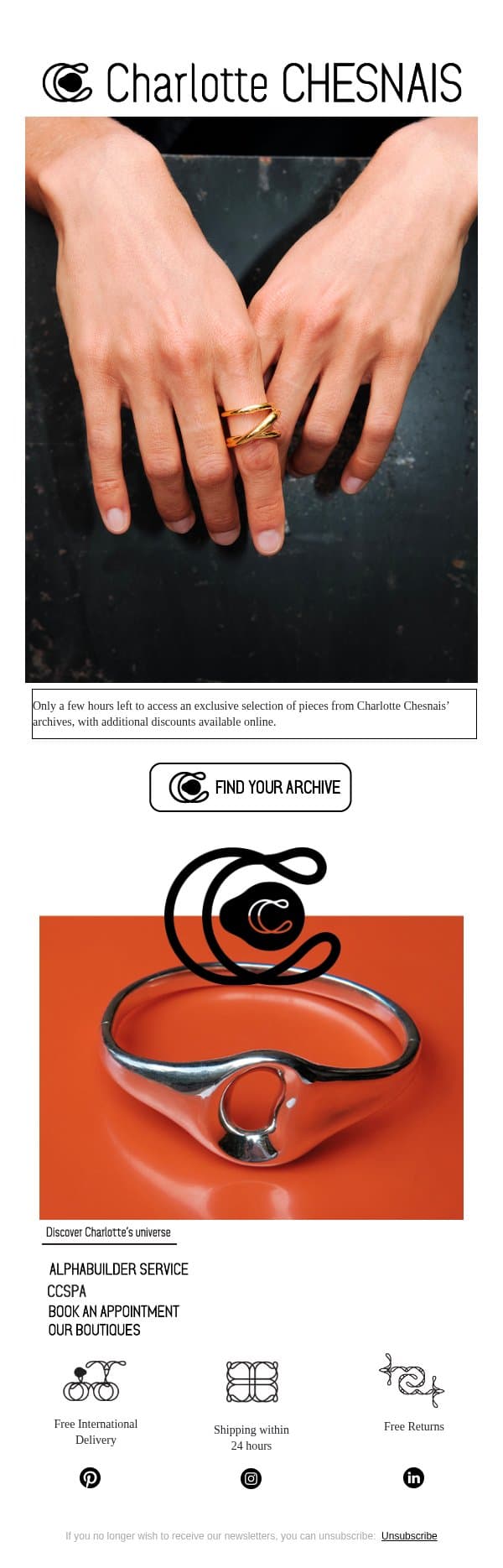 LAST HOURS TO SHOP OUR ONLINE ARCHIVE SALE email from Charlotte Chesnais screenshot