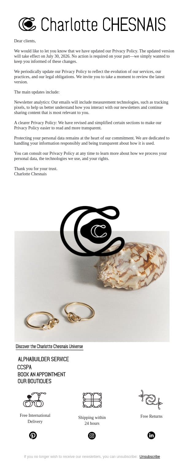 Our Privacy Policy is evolving email from Charlotte Chesnais screenshot