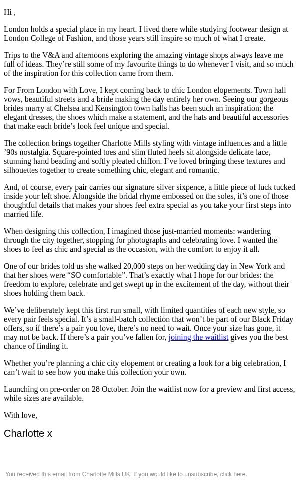 From London, With Love. A note from Charlotte. email from Charlotte Mills screenshot