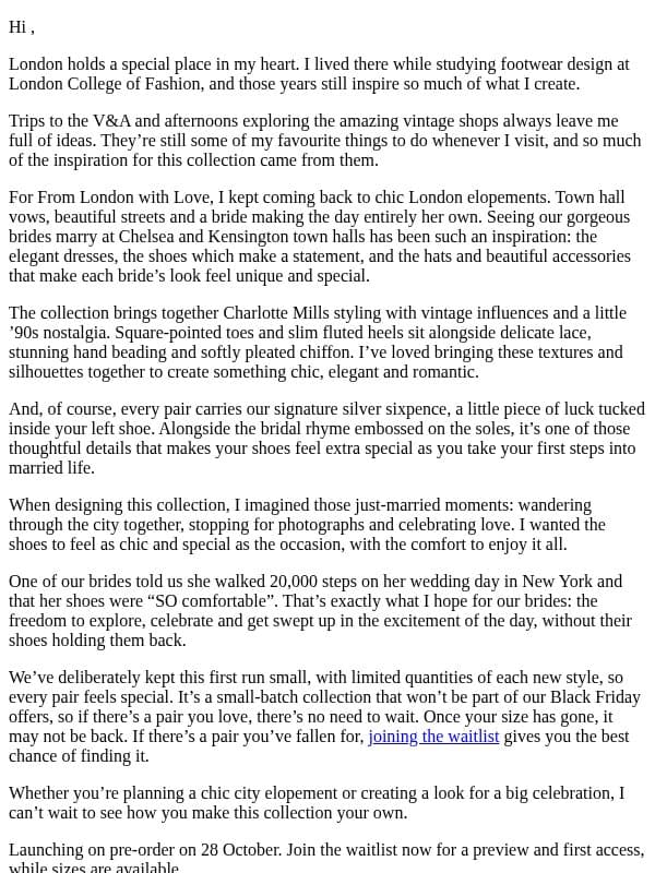 From London, With Love. A note from Charlotte. email from Charlotte Mills