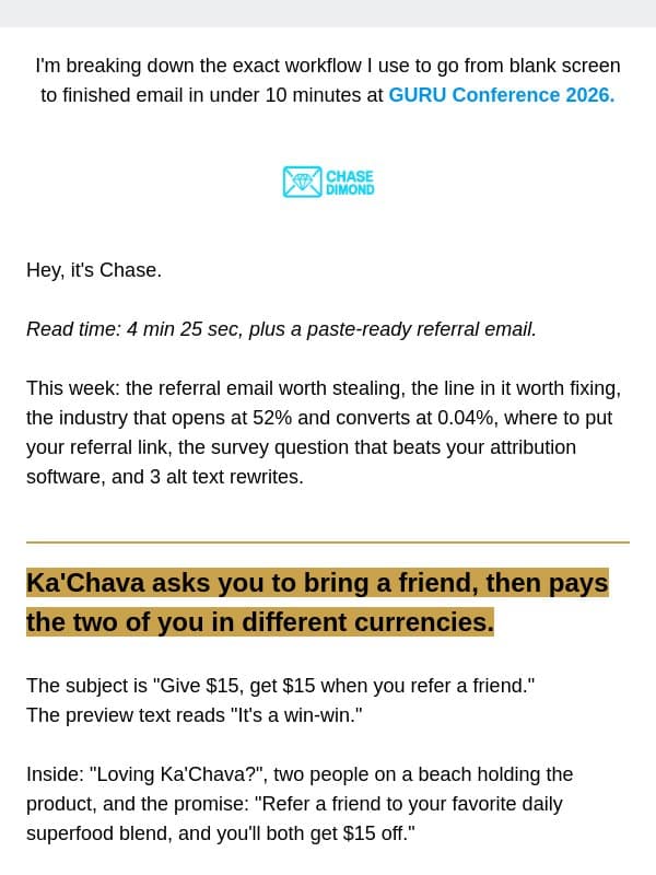 Steal Ka'Chava's referral email. email from Chase Dimond