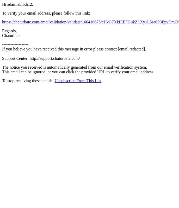 Chaturbate Email Verification email from Chaturbate screenshot
