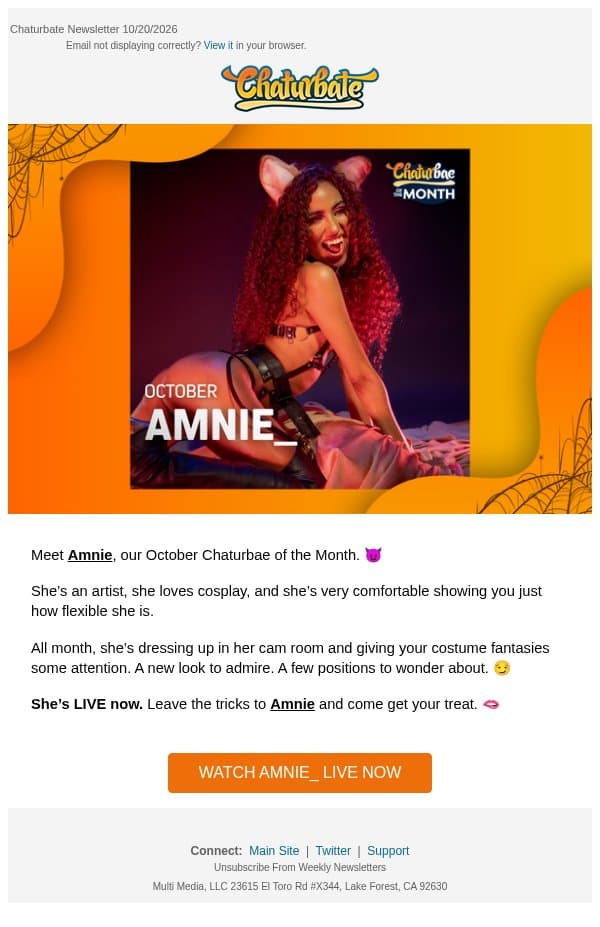 Your Halloween Chaturbae is live. 🖤 email from Chaturbate screenshot
